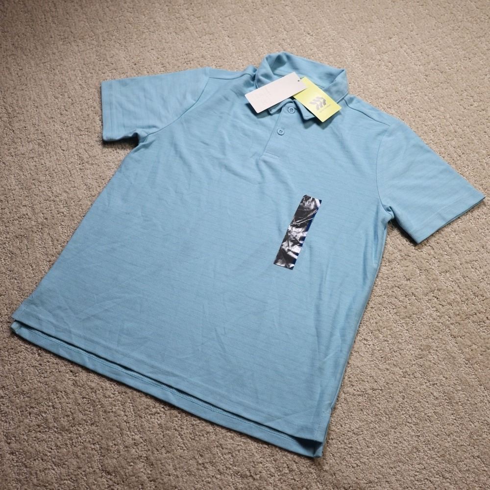 All In Motion Boys Light Blue Pique Polo Shirt L 10/12 Moisture Wicking NWT